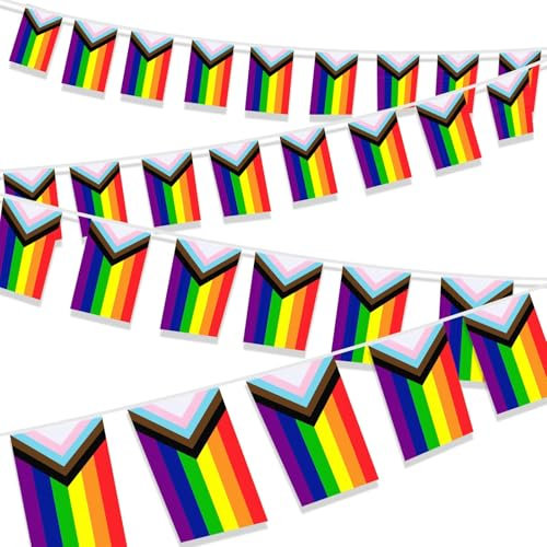 MARFOREVER Lot de 50 drapeaux Progress Pride de 150 m, guirlande de fanions LGBT arc-en-ciel pour maison, jardin, bars, mois, fête LGBT, décorations de festival arc-en-ciel