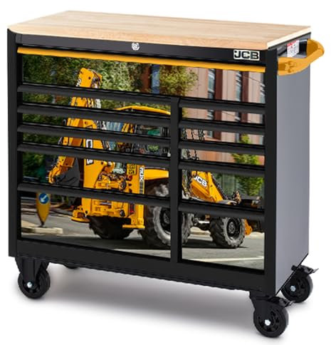 JCB 42’’ Roller Tool Cabinet, 11 Drawers, Steel with Hardwood Worktop and Backhoe Loader Wrap