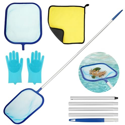 Epuisette Piscine 150 cm, Filet de Piscine avec Télescopique Réglable, Maille Fine Outils de Nettoyage, avec Gants Silicone, Serviette, pour Nettoyer la Piscine Fontaine Bassins