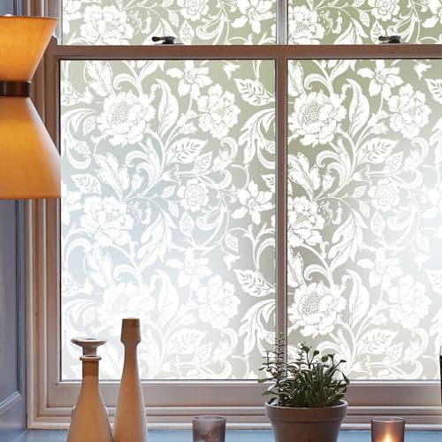 dktie Fensterfolie Sichtschutzfolie Dekorative Fensterfolie Mit Weißem Blumen und Reben Blickdichte Milchglasfolie Statisch haftend, Ohne Kleber, UV-Schutz, Sichtschutz, Blendschutz 90x200cm
