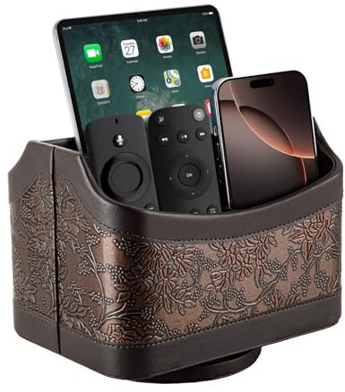 Nymblis Remote Control Holder, 360 Degree Rotatable TV Remote Holder, 5 Compartments Controller for Office Tidy/Pen/Phone/Makeup Brush, PU Leather(Retro Brown)