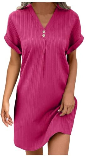 Ensemble Femme Chic Et Elegant, Robe Rose Femme Chic Et Elegant Grande Taille Meilleures Ventes, Tunique Dress De Plage avec Boutons Mi Longue en Coton Lin Ample Col V Jupe