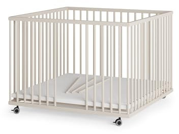 Sämann Laufstall Baby mit 3 Schlupfsprossen | TÜV geprüft | stufenlos höhenverstellbar | Laufgitter Premium | Babybett aus Holz | Krabbelgitter (sahara dust, 100x100 cm)