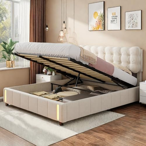 Générique Lit Coffre 140x200, Cadre de Lit avec Lumière LED, Lits Capitonné avec Rangement, Lits Double avec Fonction Hydraulique, pour Adulte, Velours, Beige, sans Matelas