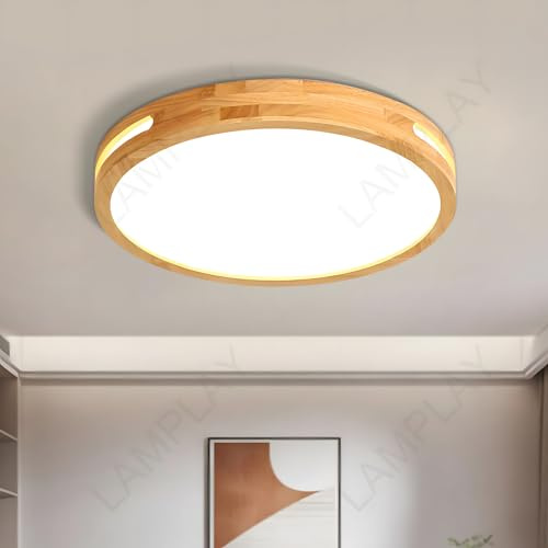 LAMPLAY Runde Deckenleuchte Aus Holz, Ø30cm Neutrales Licht-LED-Lampe, Original Naturholz 4500K 18W, Seitliches Hohldesign, Schlafzimmer Wohnzimmer Arbeitszimmer Kinderzimmer Küche Esszimmer Flur