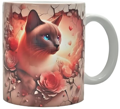 Shopi Zone Tasse en céramique avec motif chat siamois et fleurs roses - Charme félin romantique