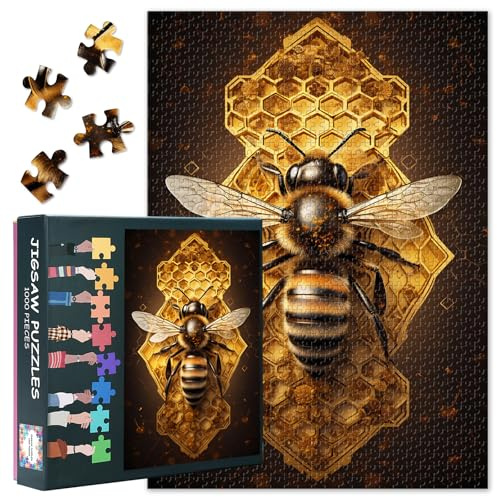 Bee 1000-teilige Puzzles für Erwachsene, Kunstwerke mit Honigbienen und Waben, Kunstwerke mit Insekten, unmöglich schwierige, herausfordernde Puzzles, 50x70 cm