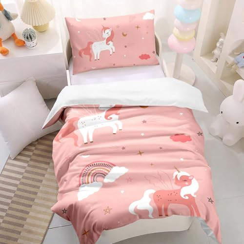 HOMHOMHA HOM Einhorn-Bettwäsche 100 x 135 cm Mädchenstil – Rosa Regenbogen-Kinderbettwäsche – Inklusive 40 x 60 cm Kissenbezug, 2-teiliges Set