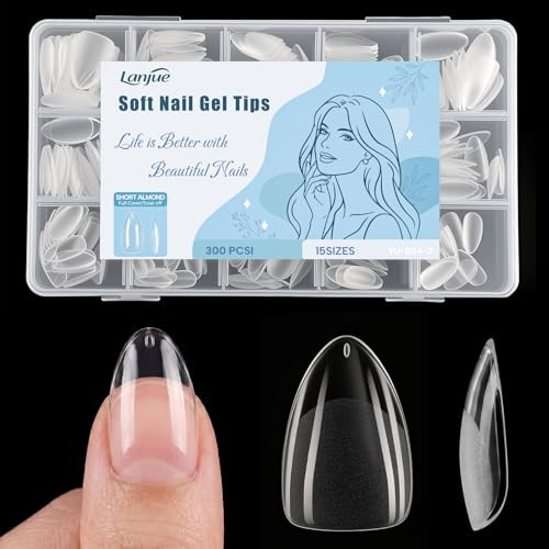 Lanjue Soft Gel Nail Tips, 300Pcs Short Almond Full Cover Clear, 15 Sizes | Press On Design, Extension Projects, Transparent DIY Manicure, for Women, Girls, Home, Studio, Travel, Beginners, Daily Use