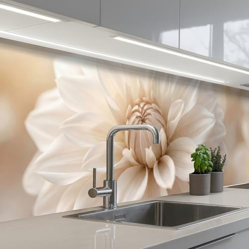 KitchenYeah© Rückwand Küche Rückwandschutz Selbstklebend Spritzschutz | 60x250 cm - Küchenrückwand Küchenfront Küchen Selbstklebende Küchenrückwände Blume - Dahlie - Weiß