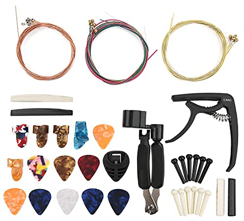 36-teiliges Komplettset zum Wechseln der Gitarrensaiten mit Kapodaster, Wickler, Schneider, Daumenpickel, Sattelsteg-Stahlsaite, Xylonit-Plektrum, ABS-Material für Gitarre, Bass,