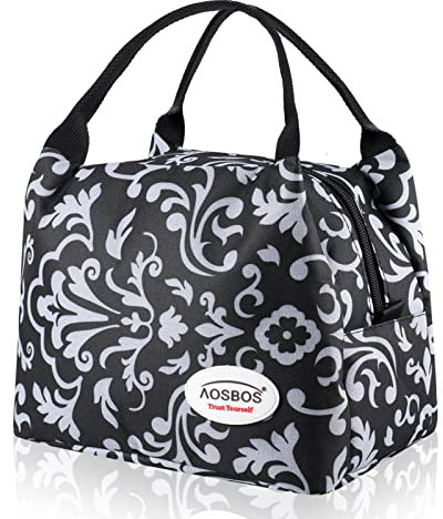 AOSBOS Kleine Kühltasche für unterwegs Lunchtasche Faltbar Lunchbag Kühltaschen Lunch Bag Damen Picknicktasche Mini Kühlbox Lunch Tasche Isoliertasche Mealprep Reißverschluss 8,5L Blumen Schwaz