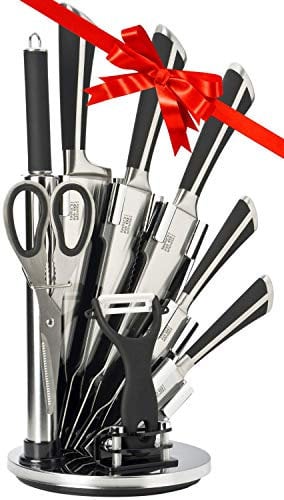 8pc Kitchen Knife Block Set - Taylors Eye Witness. Finely Ground Razor Sharp Stainless Steel Blades, Moulding Into Soft Grip Handles. Matching Rotating Holder. 5 Knives, Scissors, Sharpener, Peeler.