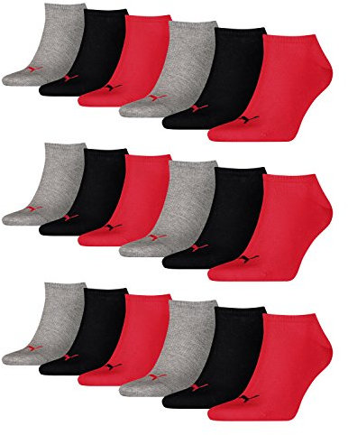 PUMA 18 Paar Sneaker Invisible Socken Gr. 35-49 Unisex für Damen Herren Füßlinge, Farbe:232 - black/red, Socken & Strümpfe:47-49
