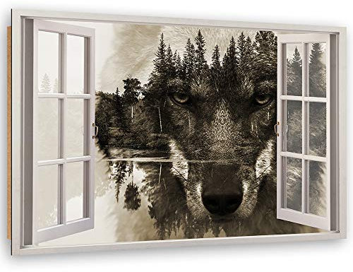 Feeby - Wandbilder Wohnzimmer 120x80 cm, Deko Paneel Bilder, Bilder für Schlafzimmer, Echter Gemalter Effekt, Moderne Wanddeko, Gemälde - Fensterblick, Wolf - Grau
