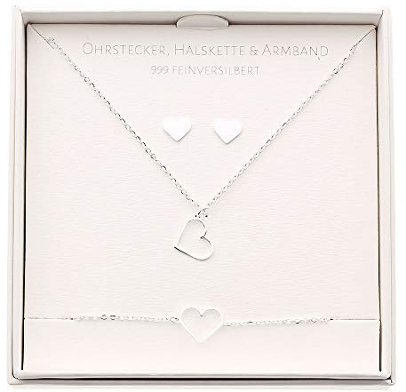 HCA Geschenkset Halskette-Armband-Ohrstecker - Motiv - Herz - feinversilbert