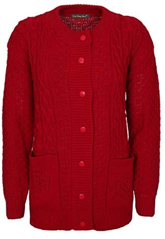 Lets Shop Shop Chunky Cable Knit Cardigan for Women Ladies Round Neck Long Sleeve Aran Plus Size 16 18 20 22 24 Red