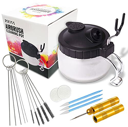Airbrush Cleaning Kit - Airbrush Clean Pot Glass Cleaning Jar with Holder, 5pc Cleaning Needles, 5pc Cleaning Brushes, 1 Wash Needle, 2 Extra Filters