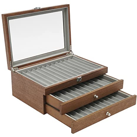Futchoy Stifte Sammelbox aus Holz 34 Füller box, mit 2 Schubladen & Glasfenster, Stifthalterbox Display Stifte Organizer Box für stifte (Nussbaum)
