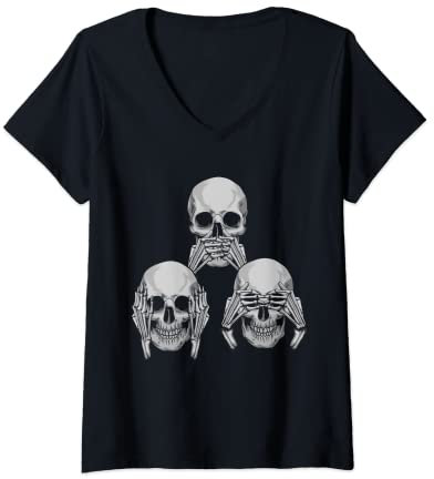 Damen Nichts Sehen Nichts Hören Nichts Sagen | Totenkopf Biker T-Shirt mit V-Ausschnitt