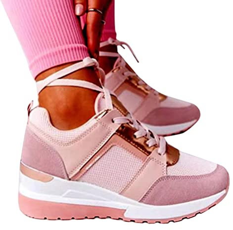 ORANDESIGNE Sneakers con Lacci Donna Scarpe da Ginnastica Moda Zeppa da Donna Casual Scarpa Estiva Stringata Sneaker Sportive A Rosa 43 EU