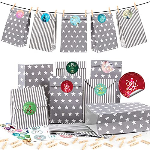 Adventskalender zum Befüllen Grau,25 Adventskalender Papiertüten mit Zahlenaufklebern,DIY Weihnachtskalender zum Befüllen, Geschenktüten Weihnachts,Adventskalender Selber Basteln für Weihnachtszeit