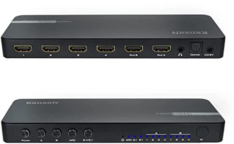 KanaaN 4x2 HDMI 2.0 Matrix Switch Splitter 4K@60Hz - Unterstützt HDCP 2.2 - HDMI Scale 4K 1080p@60Hz, 4 in 2 Out 18 Gbit/s, ARC, SPDIF/Toslink/Koaxial und Stereo 3,5 mm Audio Extractor