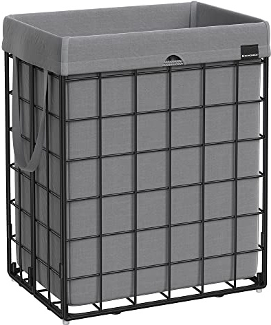 SONGMICS Laundry Hamper, 23.8 Gal. (90L) Laundry Basket, Collapsible Clothes Hamper, Removable and Washable Liner, Metal Wire Frame, for Bedroom Bathroom, Black and Gray ULCB190G01