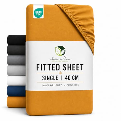 Lazzaro Single Fitted Sheet Extra Deep Pocket 40 cm (16 inches) Durable Elastic Bed Sheets - Premium Brushed Microfiber Single Bed Sheets - Ultrasoft Hypoallergenic Fade Resistant