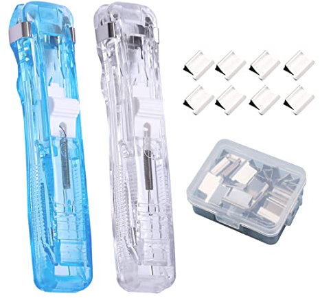Voyyphixa 2 Stück Clam Clip Spender Push Hefter mit 100 Stück Binder Clips, Wiederverwendbare Nachfüllklammern Tischhefter Bürovorräte für Büros, Schulen Datensortierung Verwendet Werden (Blau Weiss)