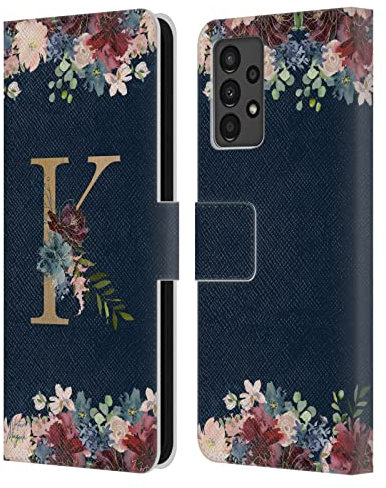 Head Case Designs Offizielle Nature Magick Letter K Blumiger Monogramm Gold Navy Leder-Wallet-Hülle Kompatibel mit Samsung Galaxy A13 (2022)