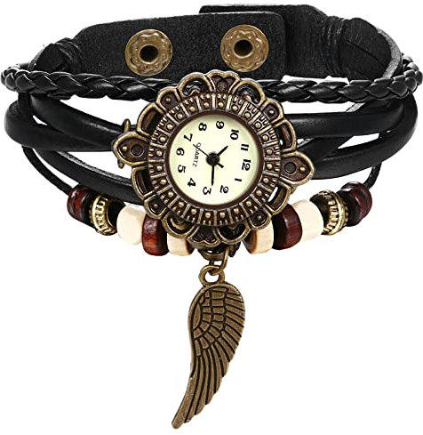 JewelryWe Uhren Damen Analog Quarz Armbanduhr Retro Feder Engel Flügel Geflochten Leder Armband Uhr für Frau Mädchen Schwarz