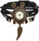 JewelryWe Uhren Damen Analog Quarz Armbanduhr Retro Feder Engel Flügel Geflochten Leder Armband Uhr für Frau Mädchen Schwarz