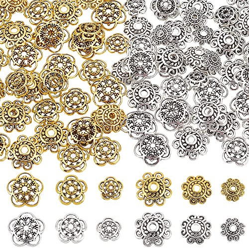PandaHall 360 tapas de cuentas de flores, 2 formas de aleación tibetana, tapas espaciadoras de plata dorada envejecida, tapas espaciadoras de 8/10/12 mm, collares, 3 tamaños