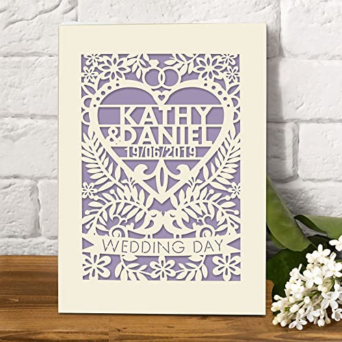 Personalised Wedding Card for Bride and Groom Laser Cut Greeting Cards Congratulations Wedding Day for Newlyweds with Envelopes Custom Gift Hand Finished in UK (Lilac Purple)