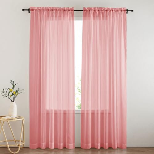 PONY DANCE Pink Voile Curtains 84 Drop Pair - Slot Top Window Net Curtains Light Filtering Semi Transparent Voile Sheer Panels for Nursery/Living Room/Bedroom Divider Party Decoration, Set of 2