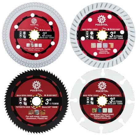 FOCSTOL Diamant Trennscheibe Set - 4 Stück 75mm x 10mm Diamant Sägeblatt für Porzellan Fliesen Holz Beton Metall