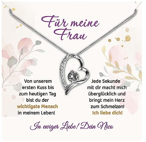 Halskette „Für meine Frau“ – 14 Karat Weißgold – inkl. Anhänger, Geschenk-Box mit personalisierter Grußkarte & eigenem Text – Geschenke für Frauen | Schatz Geliebte Freundin Ehefrau (Herz)