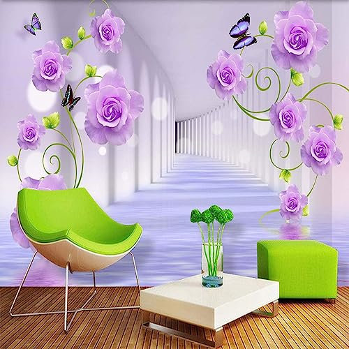 GIVLWF Papier Peint Panoramique de Rose Pourpre Moderne, Fleurs Papillon 3D Poster Murale Intissé - pour Chambre Salon Décoration Murale - 300 x 210 cm