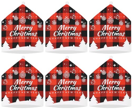 yeloumiss Stuhlhussen Weihnachten Weihnachtsmütze Red Hat Schneeflocke Sesselüberzug Weihnachten Stuhlhussen Weihnachten Dining Stuhlhusse 6 Stück (Rotes Kariertes)