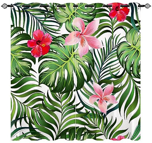 YUANZU Tropische Vorhänge Aquarell Palmenblätter Blumen Ösen Gardinen mit Blickdichte Vorhang Kälteschutz Blackout Curtain Wohnzimmer Schlafzimmer Verdunkelung Fenster, 2 Stück, H 260 x B 200 cm