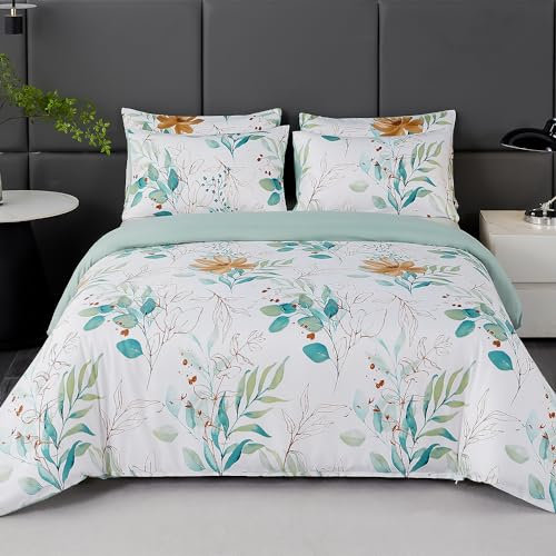 Jemiipee Juego de Funda Nordica Cama 180 Patrón de Hojas de Eucalipto Verde Funda Edredon 230x260 cm y 2 x Fundas de Almohada de 50x90 cm Fundas Nórdicas Floral Suave 100% Microfibra, Blanco Verde