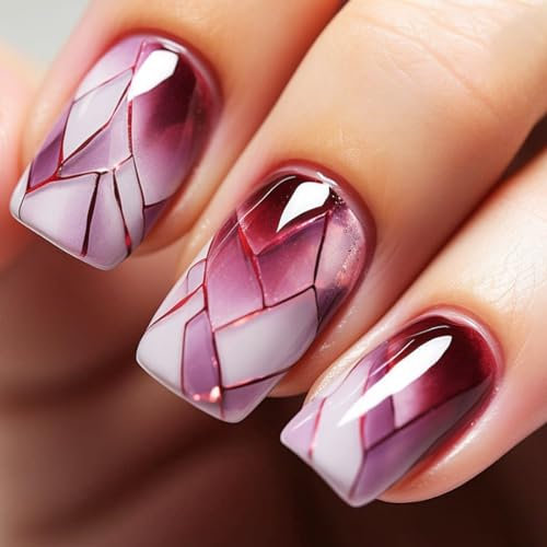 24 PCS Mid-length Square False Nail,Burgundy Fake Nail,White & Red False Nails,Line Fake Nail,Glitter Fake Nail,Glass Design False Nails Full Cover False Nails Art for Women and Girls Daily Decoration