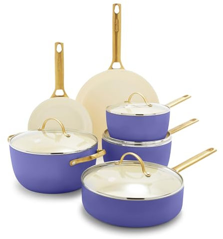 GreenPan Reserve Hard Anodized Healthy Ceramic Nonstick 10 Piece Cookware Pots and Pans Set, Gold Handle, PFAS-Free, Dishwasher Safe, Oven Safe, Periwinkle