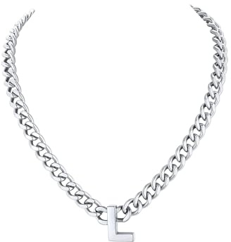 Richsteel Halskette Herren Siber Kette Edelstahlkette Männer Panzerkette | Herren Kette 45+5cm mit Anhänger Wasserdicht Initial A-Z Cuban Chain Buchstaben Hip Hop mit Geschenkebox für Valentinstag