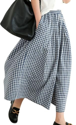 Leyoutx Damen-Culotte-Hose aus Baumwollleinen, weites Bein, elastische Taille, kariert, Vichy-Muster, Capri-Palazzo-Hose, Blau, M