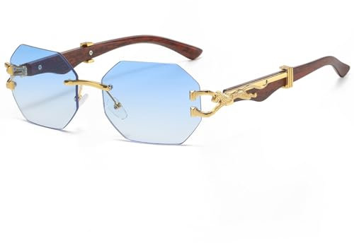 Laurinny Retro Randlose Sonnenbrille Damen Herren Durchsichtige Linse Rechteckig Rahmenlose Sonnenbrille Polygon Square Rimless Sunglasses(Gold/Farbverlauf Blau)