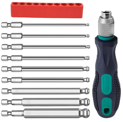 9 Pezzi Cacciaviti Esagonali con Testa a Sfera Kit, mMagnetico Punte Avvitatore con Impugnatura, 1/4 Set Inserti Avvitatore, per Trapani a Mano, Trapani Pneumatici e Trapani Elettrici (1)