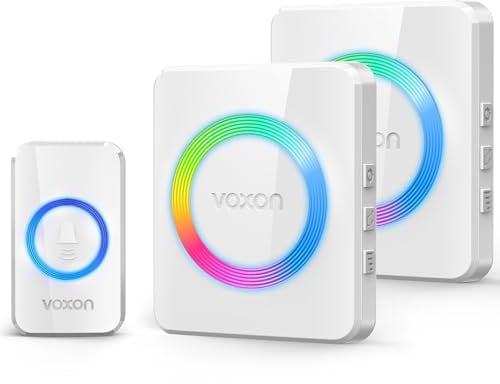 VOXON Wireless Doorbell with 2 Receivers, Plug in Door Bells Wireless Cordless, IP65 Waterproof, 1,300ft Long Range Chime Kit, Doorbell Wireless with RGB LED Flash, 5 Volume Levels, 60 Melodies,White