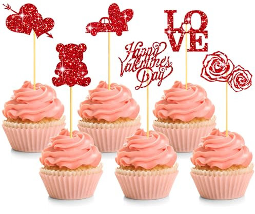 Ueomul 12 Stück Hochzeit Party TortenDeko Rot Glitter Liebe Herz Cupcake Toppers für Verlobung Hochzeit, Braut Jahrestag, Heiratsantrag, Valentinstag Kuchen Dekorationen Zubehör